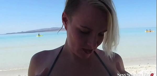  Blonde Gives Public Sloppy Beach Blowjob until Man Cums on Her Erect Big Nipples